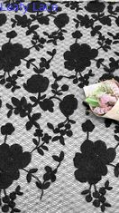 Black Corded Floral Pattern Brodered Mesh Lace Fabric 129cm Lebar Untuk Gaun Pernikahan