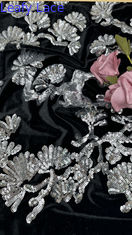 Daun Hitam Flocked Tulle renda Sequins Sliver Detail Kain untuk Pernyataan formal pakaian