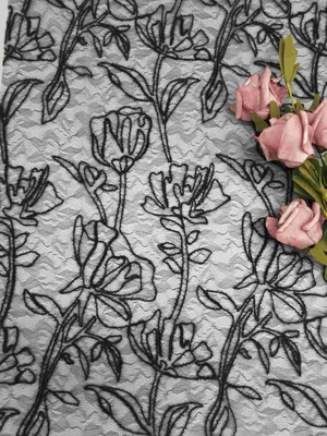 Black Corded Floral Pattern Embroidered Lace Fabric 129cm Width