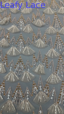 Elegant Embroidered Lace Fabric In Ecru For Garment Beading 3D With Sector Shape
