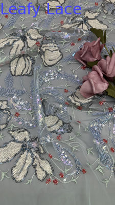 Mesh Ground Leafy Sequins Lace Fabric for Elegant Breathe Dinner Gowns Shining Fabric