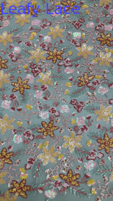 3D Flower Lace Fabric Mesh Lace For Gowns 100% Polyester Colorful Sequin Embroidered Fabric