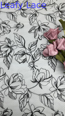 White And Black Floral Embroiedered Lace Fabric for Womens Luxury Tulle Mesh Fabric