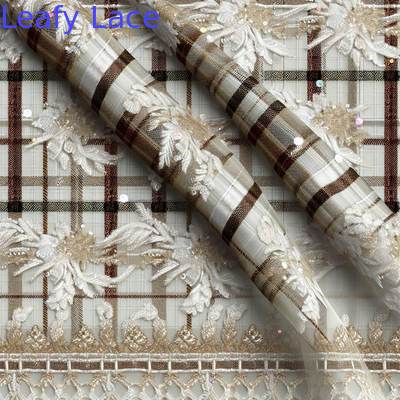 Plaid Sequin Embroideded Lace Fabric Elegant Shining Customized New Collection Fabric
