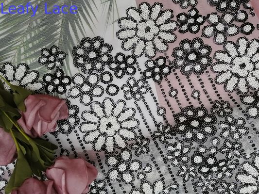 White Black Contrast Party Sequin Embroidered Fabric