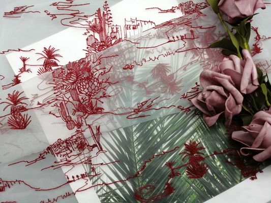 Tulle Mesh Red Embroidered Lace Fabric For Girl Dress