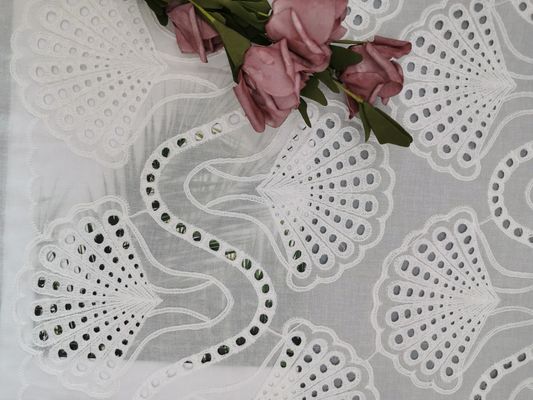 White Bridal Lace Shell Pattern Embroidered Eyelet Fabric 100% Cotton