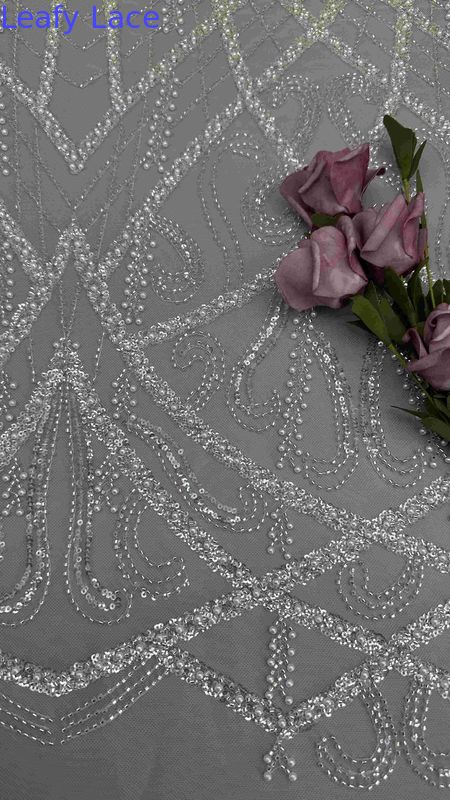 Pearls And Tulle Mesh Fabric Embroidery Fabric For Evening Dress Garment Brands Garment Factories