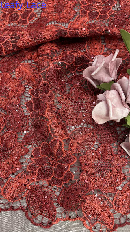 Leafy Red Color Embroidered Sequin Mesh Fabric Featherlight Luxury Fabric For Ethereal Carpet Dresses