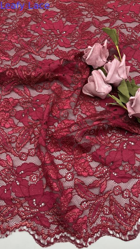 Red Embroidered Lace with Spark Precision Leafy Romantic Fabric for Party Gowns