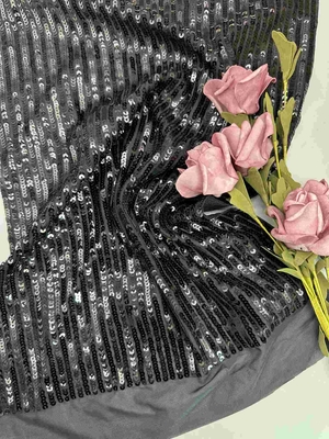 49'' Hitam Tulle Payet Bordir Mesh Kain Untuk Gaun Malam