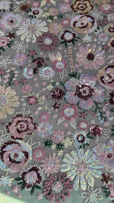Semi Sheer Flower Sequin Kain bordir Untuk Wanita Pakaian Mode