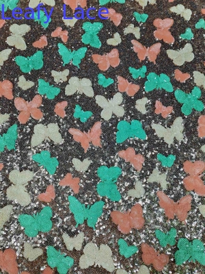 Kupu-kupu Berwarna-warni Kualitas tinggi Lembut Sequin Kain bordir Pattern Piece Dye Mesh Ground Untuk Pakaian Mode