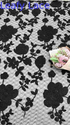 Black Corded Floral Pattern Brodered Mesh Lace Fabric 129cm Lebar Untuk Gaun Pernikahan