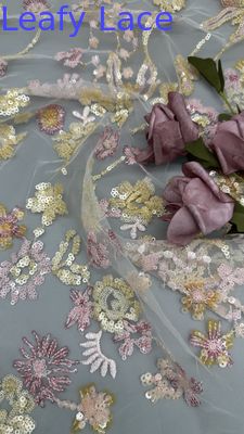 Daun renda Sequin Kain bordir 3D Bunga elegan dan bernafas Kain acara mewah