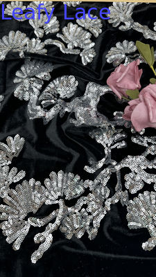 Daun Hitam Flocked Tulle renda Sequins Sliver Detail Kain untuk Pernyataan formal pakaian