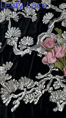 Daun Hitam Flocked Tulle renda Sequins Sliver Detail Kain untuk Pernyataan formal pakaian