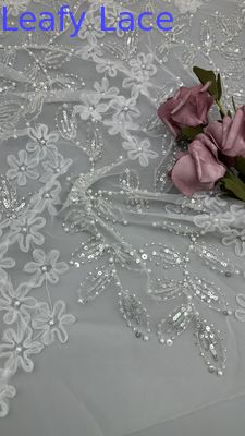 Renda Tulle Berdaun Dengan Manik-manik Jala Payet Bordir Untuk Keanggunan Murni Tekstur dan Kilau Ornate Untuk Gaun Couture dan Mewah