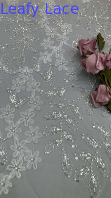 Renda Tulle Berdaun Dengan Manik-manik Jala Payet Bordir Untuk Keanggunan Murni Tekstur dan Kilau Ornate Untuk Gaun Couture dan Mewah