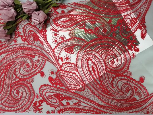 Gaun Pengantin Jala Tulle Merah Bordir Kain Renda Paisley