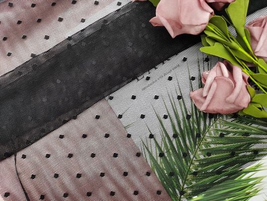 Kain Renda Peregangan Lembut Hitam Polka Dot Elastis Mesh