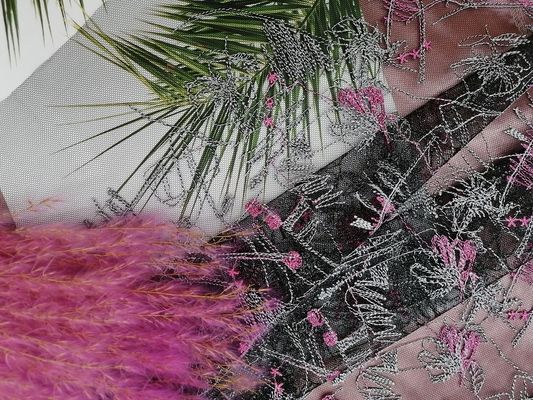 Kain Bordir Berwarna Merah Muda Bunga Tulle Mesh Afrika