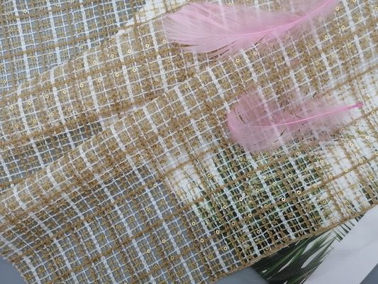 Khaki Mesh Corded Payet Kain Bordir Gaun Gadis Kain Renda