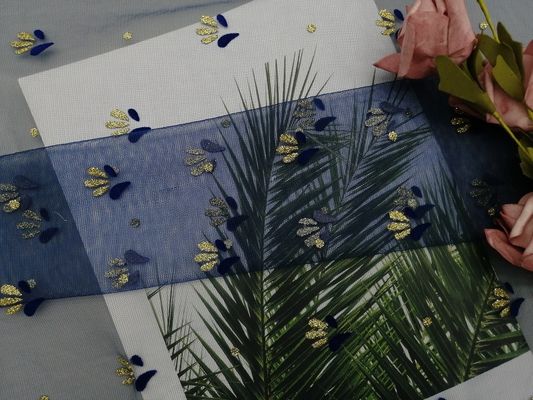 Kain cetak Royal Blue Metallic Flocked Lace Glitter Tulle Mesh Foil