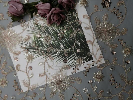 Pink Floral Sequin Party Beaded Embroidery Fabric Untuk Gaun Pernikahan