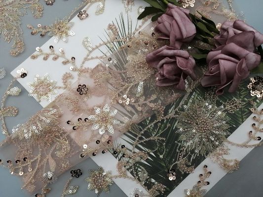 Pink Floral Sequin Party Beaded Embroidery Fabric Untuk Gaun Pernikahan