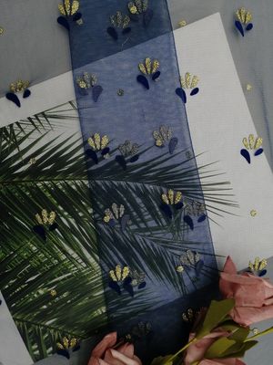 Kain cetak Royal Blue Metallic Flocked Lace Glitter Tulle Mesh Foil