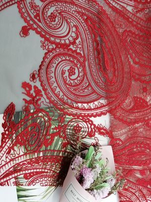 Gaun Pengantin Jala Tulle Merah Bordir Kain Renda Paisley