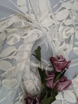 Beige Cotton Bordir Corded Fabric Bed Floral Tulle Cloth