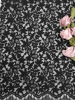 3D 57 Inch Black Floral Corded Lace Fabric Dengan Handfeel Lembut
